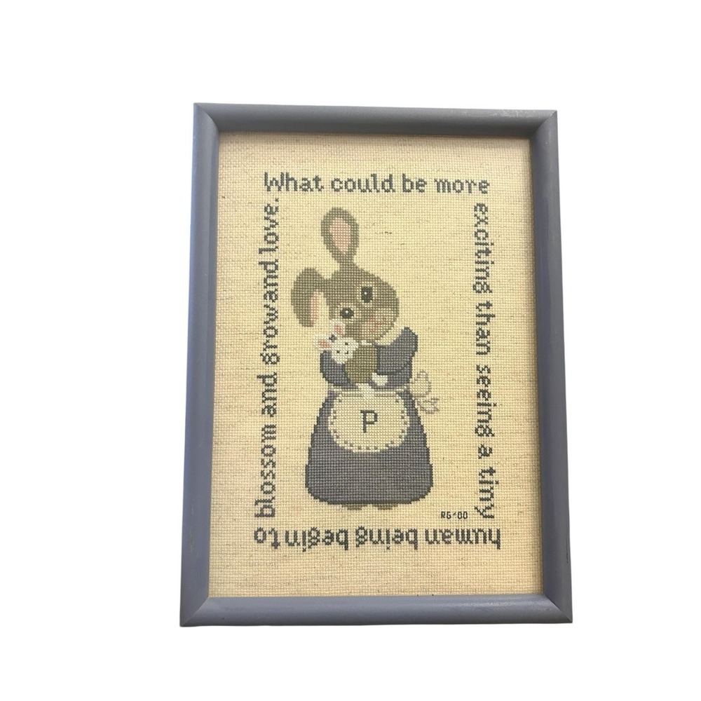 Framed Cross Stitch Art Rabbit Holding Baby Bunny with Sweet Quote Handmade